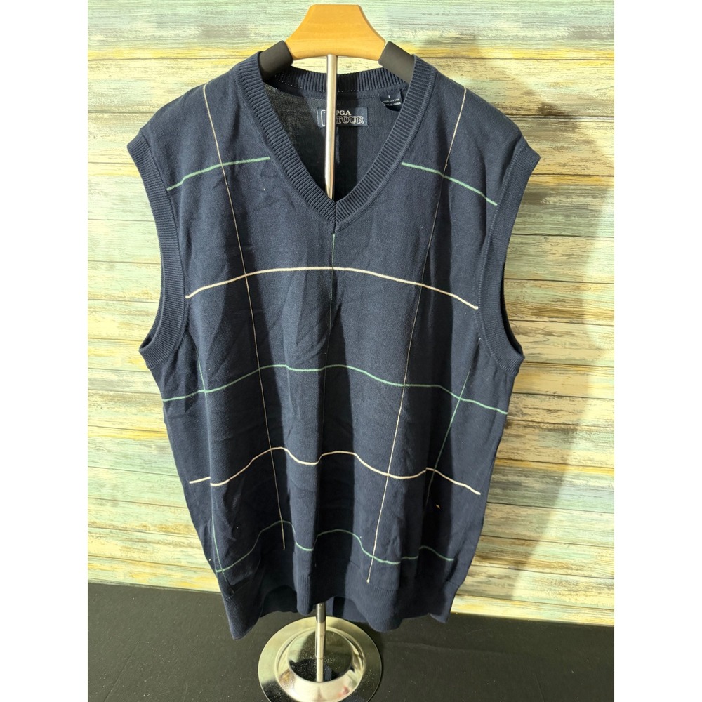 PGA Tour Sweater Vest Large Navy Blue Excellent Windowpane Plaid Cotton V-Neck